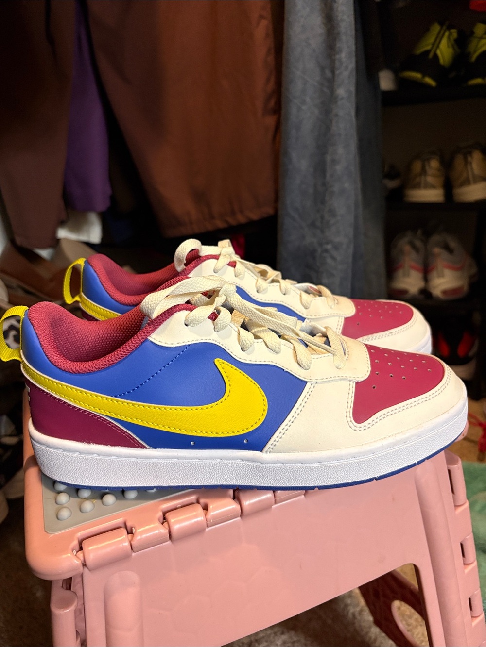 Nike Kids Multicolor Low-Top Sneakers - Yellow Swoosh, Blue Panels, Pink Toe